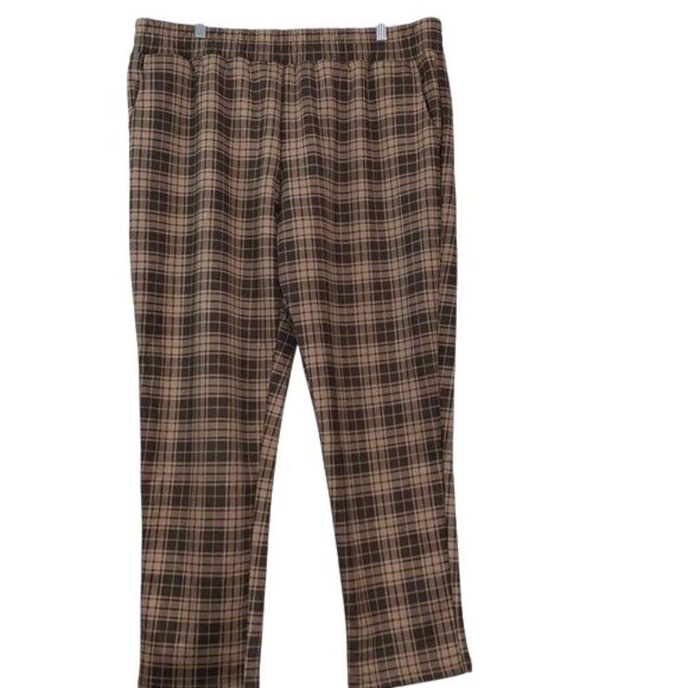 Classic Concepts Plaid Brown/Beige Elastic Waist Pants 2XL Polyester/Spandex Str